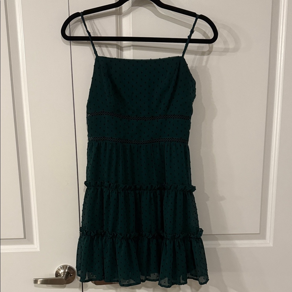 mi Ami Dark Green Swiss Dot Tiered Spaghetti Strap Mini Dress